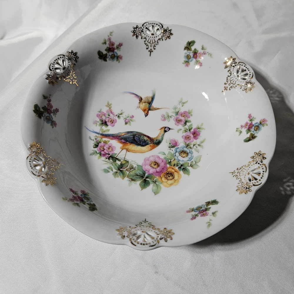 Vintage Bavaria Schumann Porcelain Flowers &pheasant Perforatedborder Bowl 8.5"